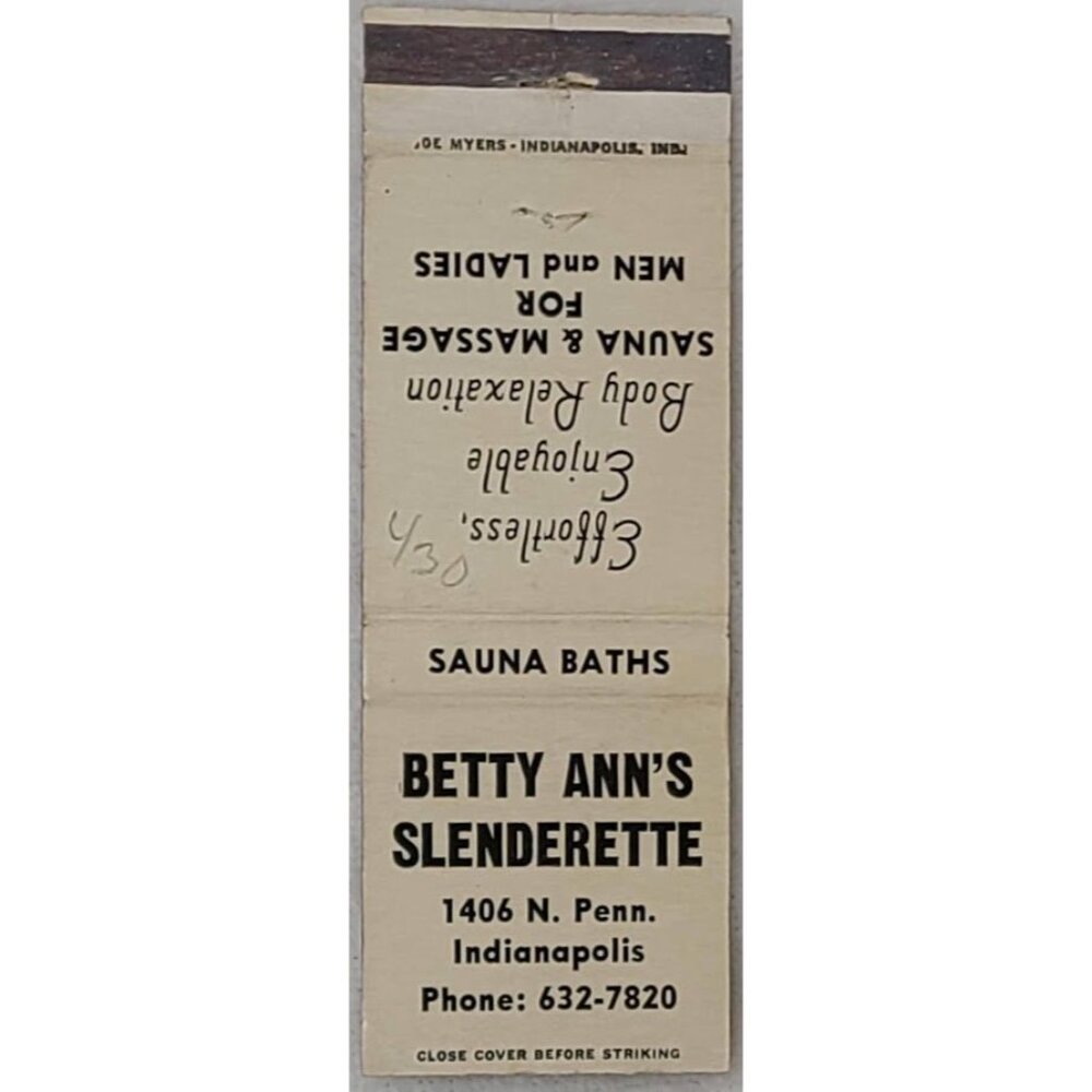 Matchbook Cover Betty Ann's Slenderette Indianapolis IN Indiana White FS Vtg